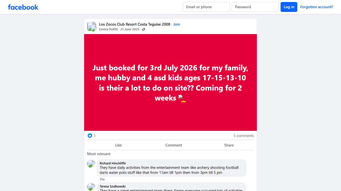 Los Zocos Club Resort Costa Teguise 2008 Just booked for 3rd July 2026 for my family, me hubby and 4 asd kids ages 17-15-13-10 is their a lot to do on site Facebook